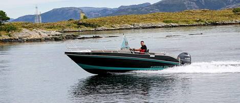 A motorboat on a calm body of water with a mountainous landscape in the background.