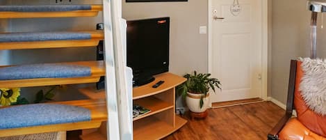 A staircase with blue carpeted steps leading to a landing, a television on a wooden stand, a potted plant, and a chair with a fluffy pillow.