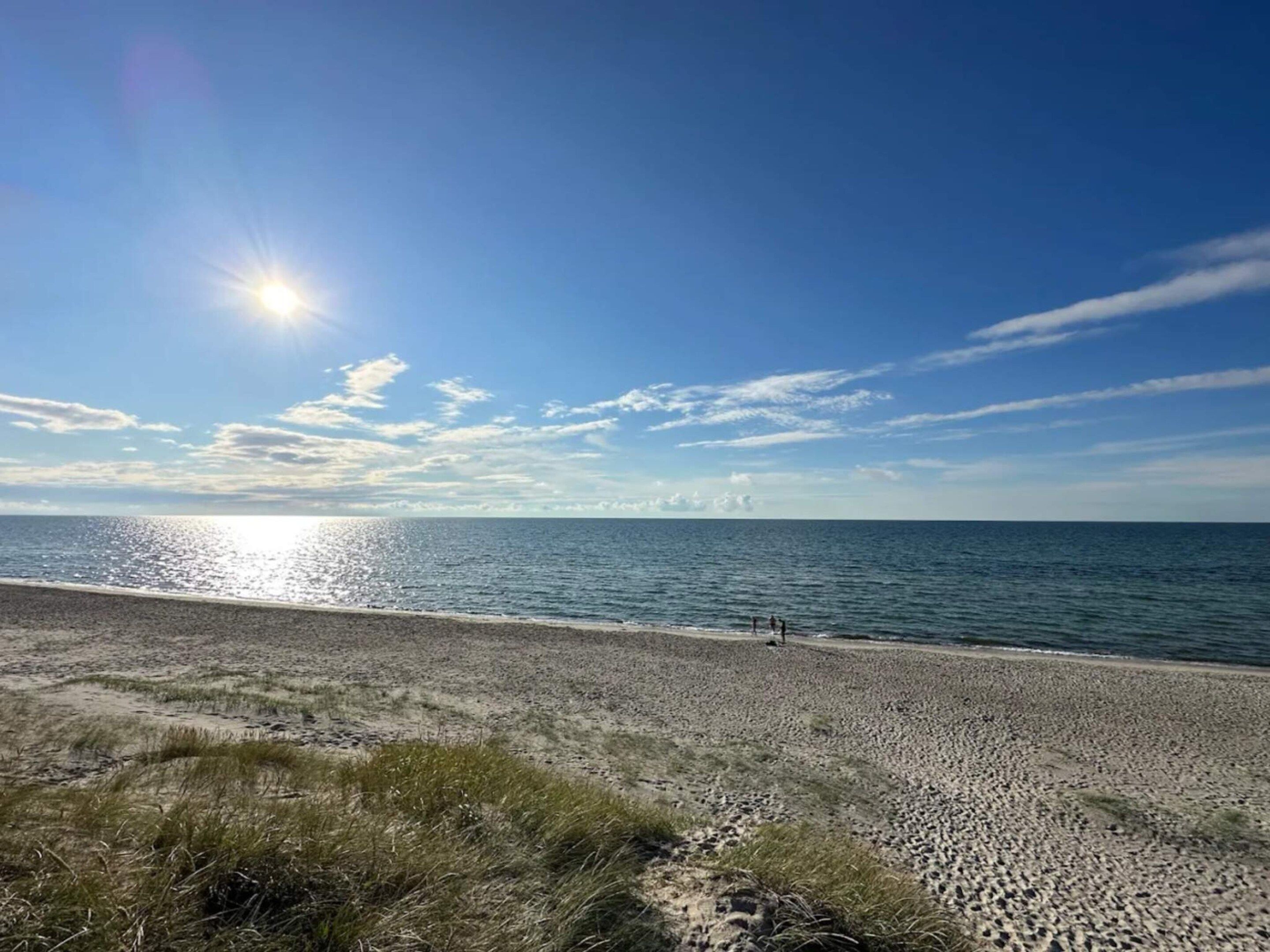 Une plage avec un ciel dégagé et le soleil qui se reflète sur l’eau.