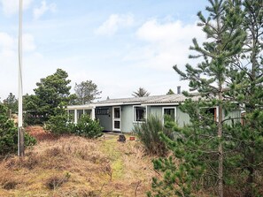 A single-story house with a gabled roof, surrounded by dense pine trees and dry grass.