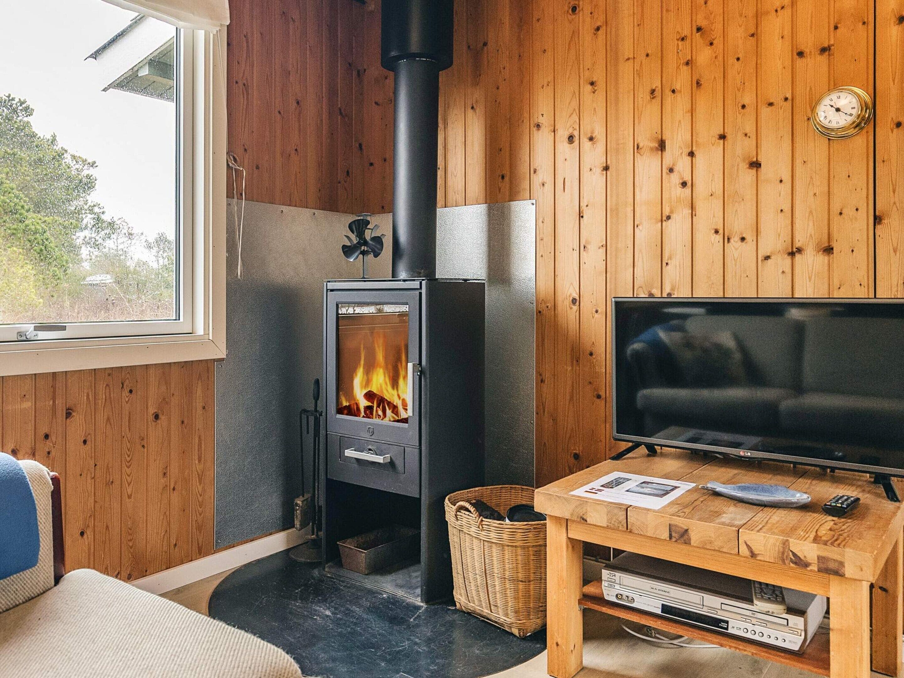 A cozy room with a wood-burning stove, a television, and a window overlooking greenery.