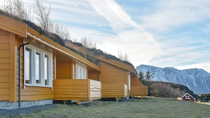 A row of wooden cabins with a mountain backdrop.