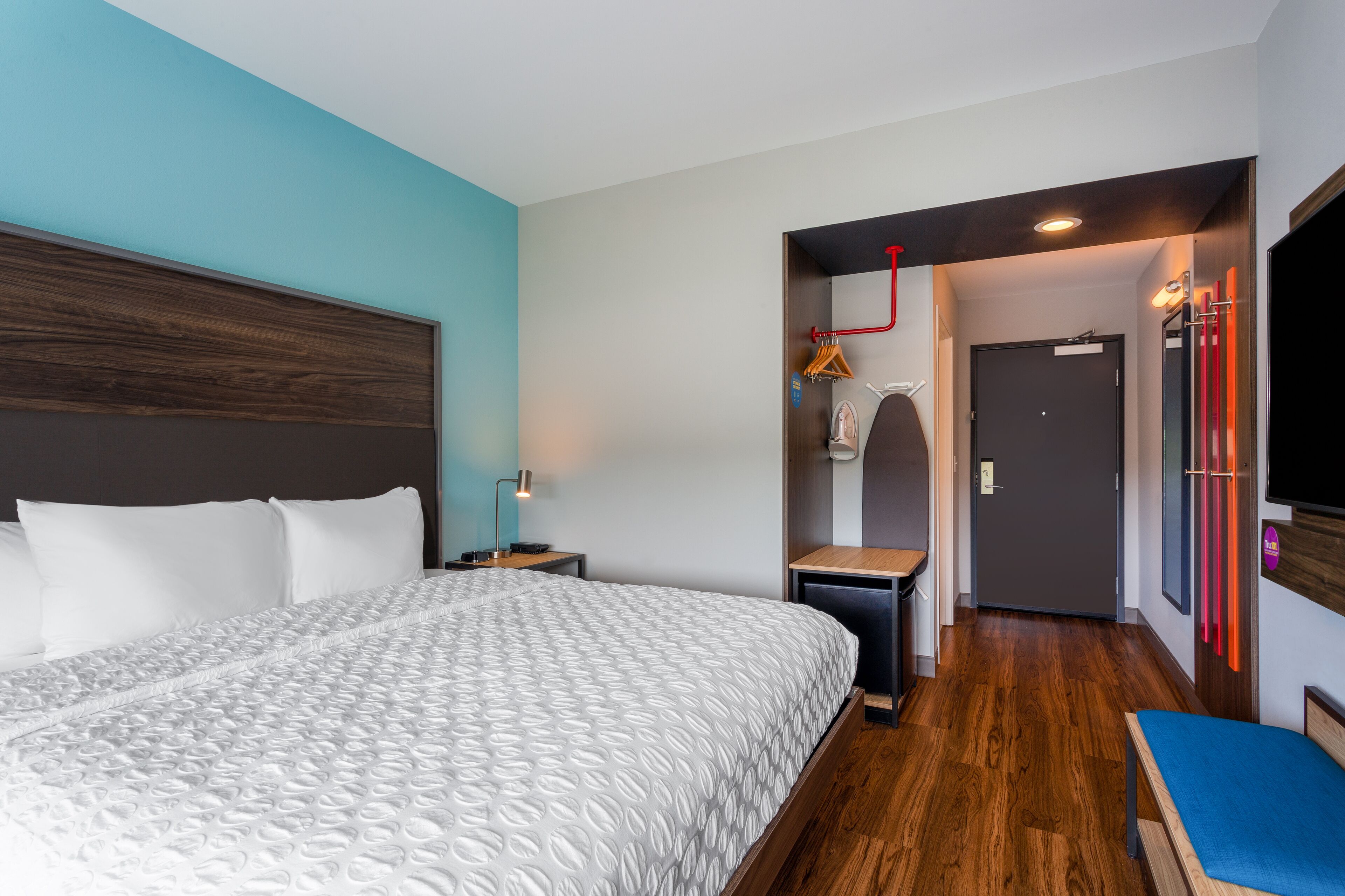 1 bedroom, desk, blackout curtains, iron/ironing board