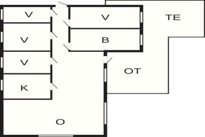Ein Grundriss mit beschrifteten Räumen V, B, K, TE und OT.