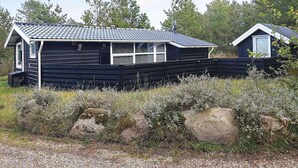 A small, dark-colored cabin with a sloped roof and a windowed front section.