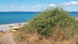 A beach with a clear view of the sea, a rocky shoreline, and some vegetation in the foreground. - Fantastic Holiday Home in Knebel With Wifi (Knebel)
