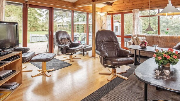 A cozy living room with a leather sofa, a television, and a dining table with a vase of flowers. - Fantastic Holiday Home with Sauna near Roslev (Roslev)