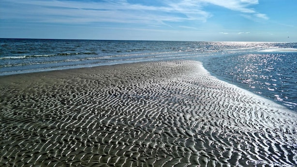 A beach with a sandy shore and ocean waves.