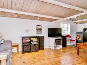 A cozy living room with a wooden ceiling, a television, a fireplace, and a bookshelf. - 9 Person Holiday Home in Jaegerspris-by Traum (Jægerspris)