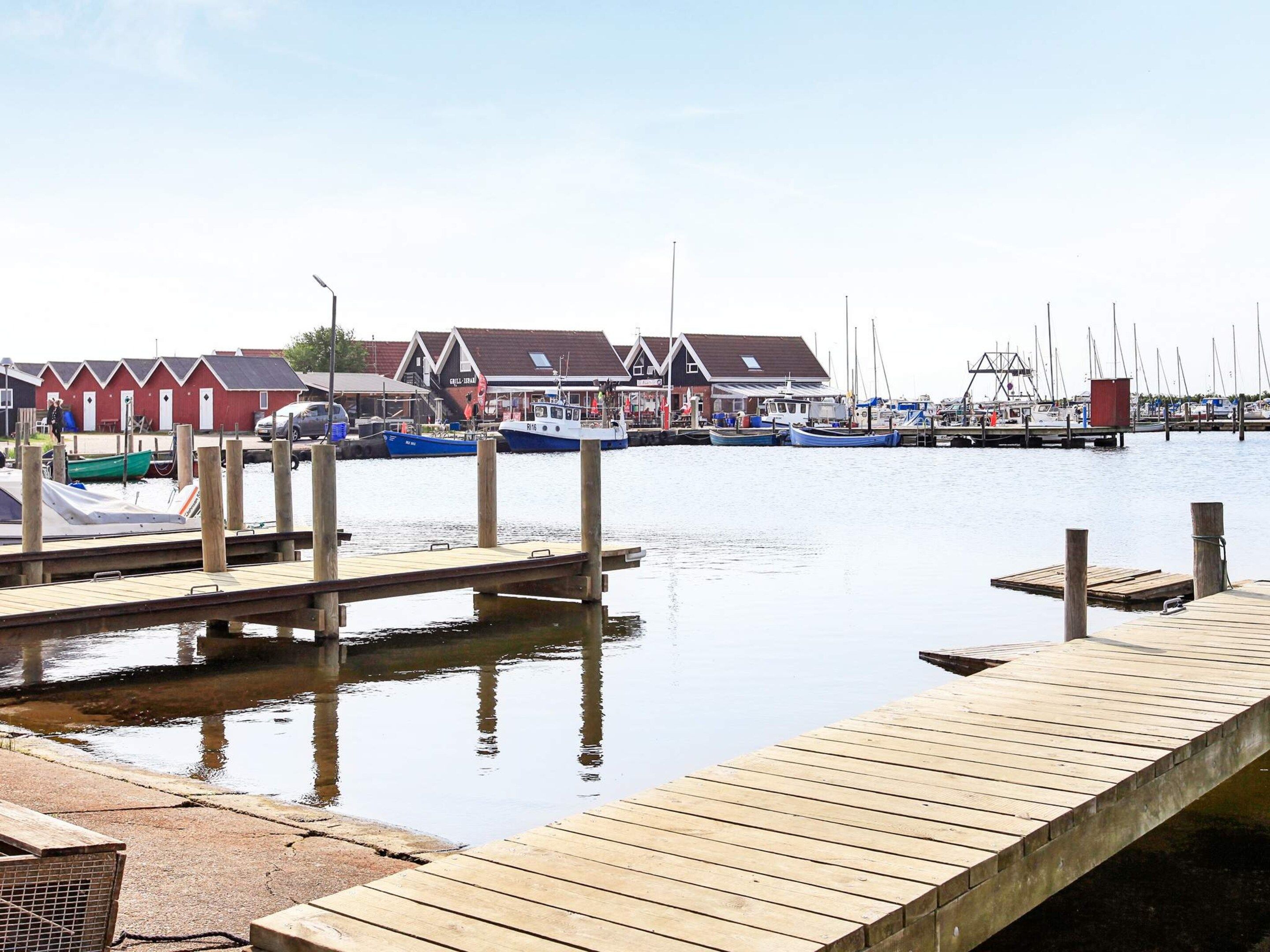 A marina with wooden docks, boats, and a row of buildings with a traditional architectural style.