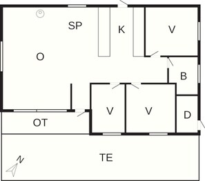A floor plan with labeled rooms SP, K, V, B, D, OT, and TE.
