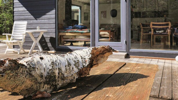 A birch log on a wooden deck, a sliding glass door to a room with a bed and a table, and a white chair outside. - 8 Person Holiday Home in Hadsund (Hadsund)