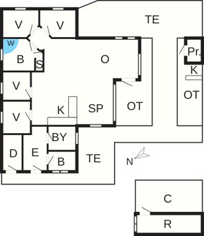 A floor plan with labeled rooms including a kitchen (K), bedroom (B), and bathroom (S). - 8 Person Holiday Home in Oksbol-by Traum (Oksbol)