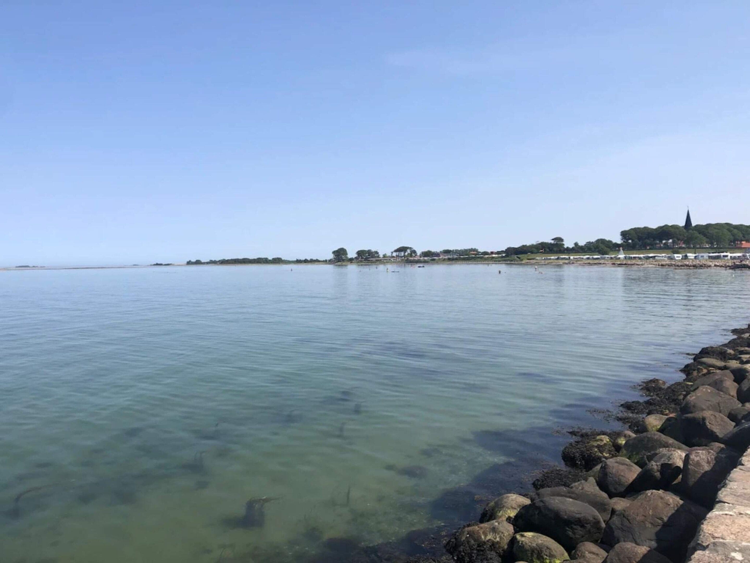 A calm body of water with a rocky shoreline and a distant tree-covered landmass.