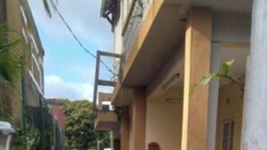 Un pasillo estrecho con suelo estampado, un banco y plantas en macetas.