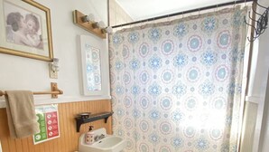 A small bathroom with a toilet, sink, and shower curtain. - Bass Haus, Rustic Wundercove Cottage, Access to Shared Pool and River (New Braunfels)