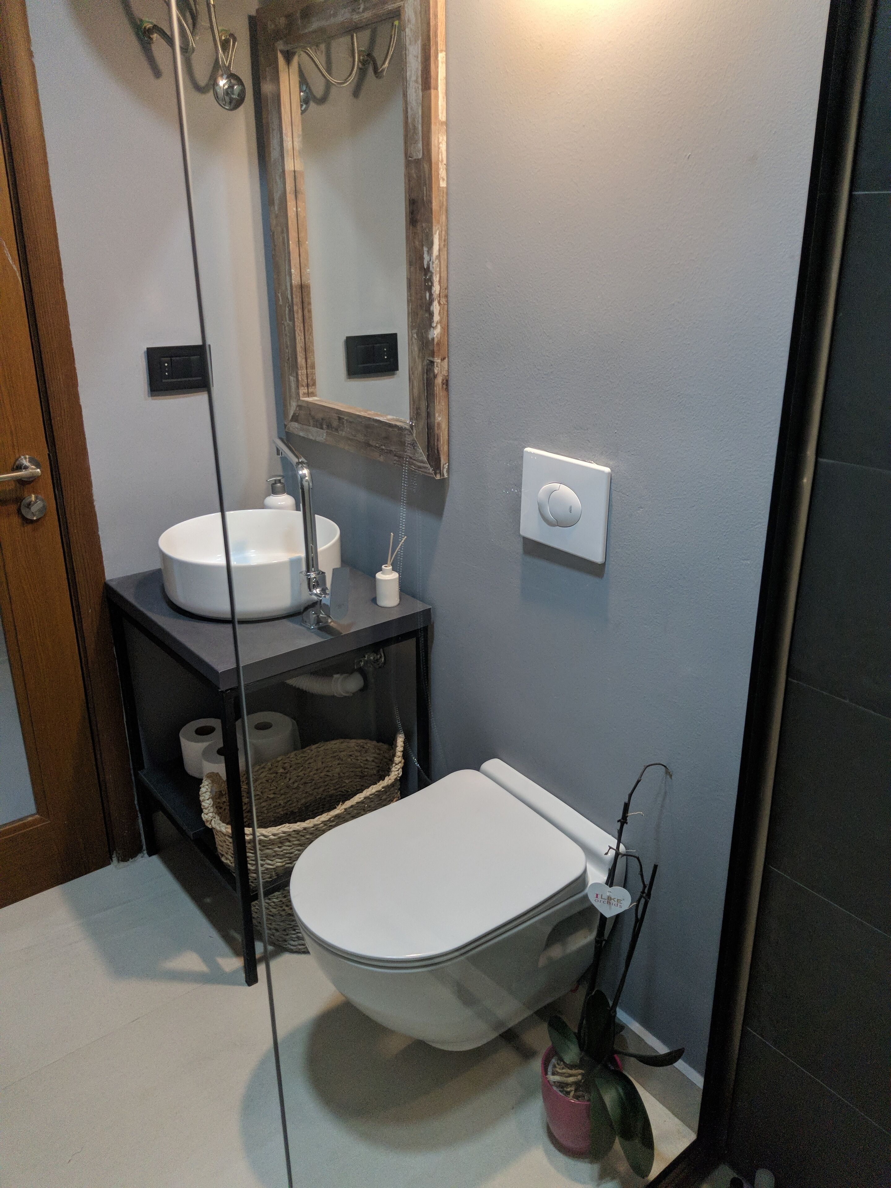 Un baño con inodoro blanco, lavabo, espejo y ducha.