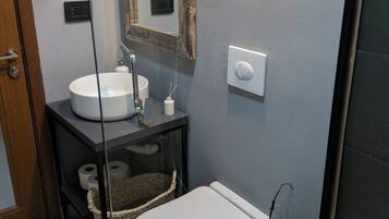 Un baño con inodoro blanco, lavabo, espejo y ducha.