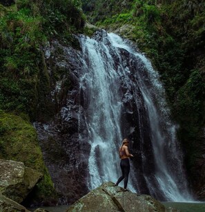 A waterfall with a person standing on a rock in front of it.