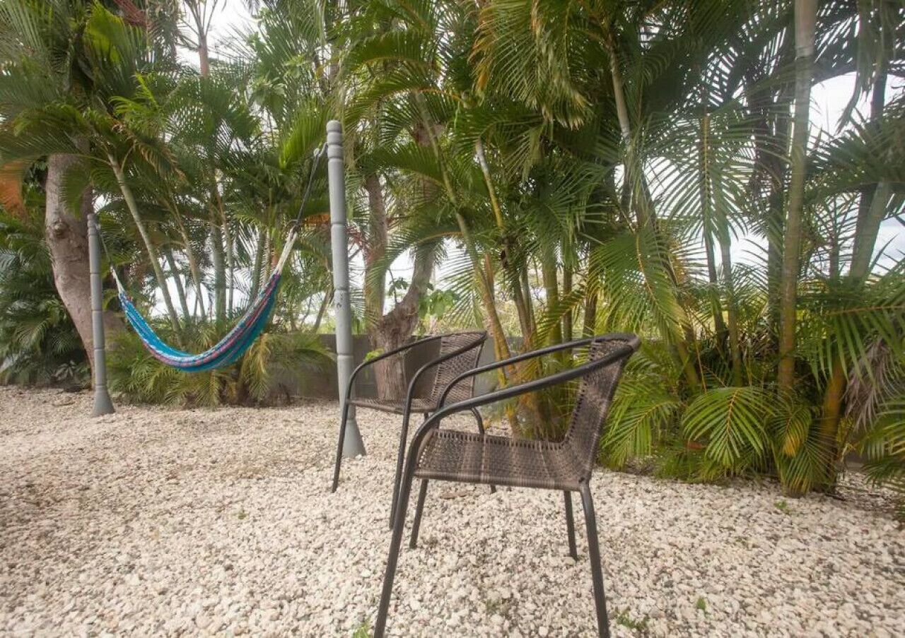 Una hamaca, dos sillas metálicas y palmeras en un jardín con guijarros blancos.