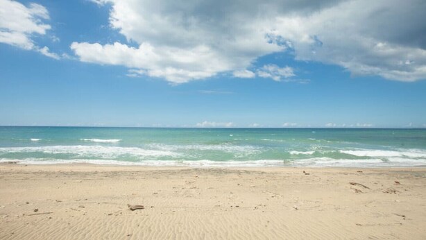 Una playa con arena dorada y olas del océano.