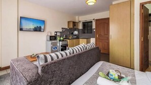 A compact hotel room with a sofa bed, a small kitchenette, a dining table, and a wooden wardrobe.