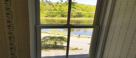 A window with a view of a lake and a road.