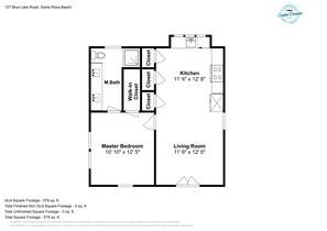 A floor plan of a property at 127 Blue Lake Road, Santa Rosa Beach. It includes a master bedroom measuring 10' 10" x 12' 5", a living room of 11' 6" x 12' 5", a kitchen of 11' 6" x 12' 8", a master bathroom, and two closets. The total square footage is 579 sq. ft. - Crystal Blue Persuasion - 1BR/1BA Blue Mountain Beach Carriage House - Sleeps 2 (Santa Rosa Beach)