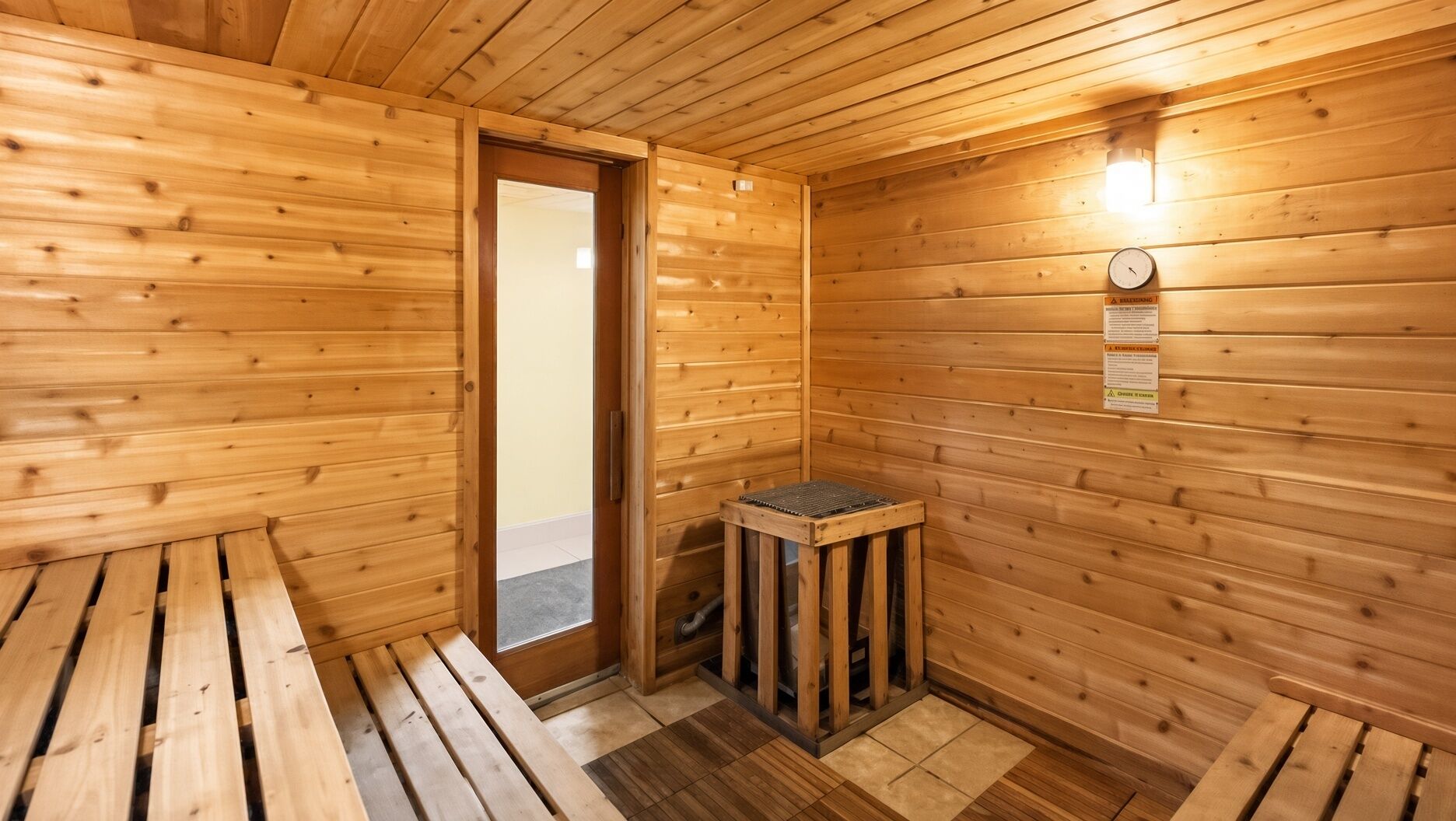 A sauna room with wooden walls, a bench, and a small table.