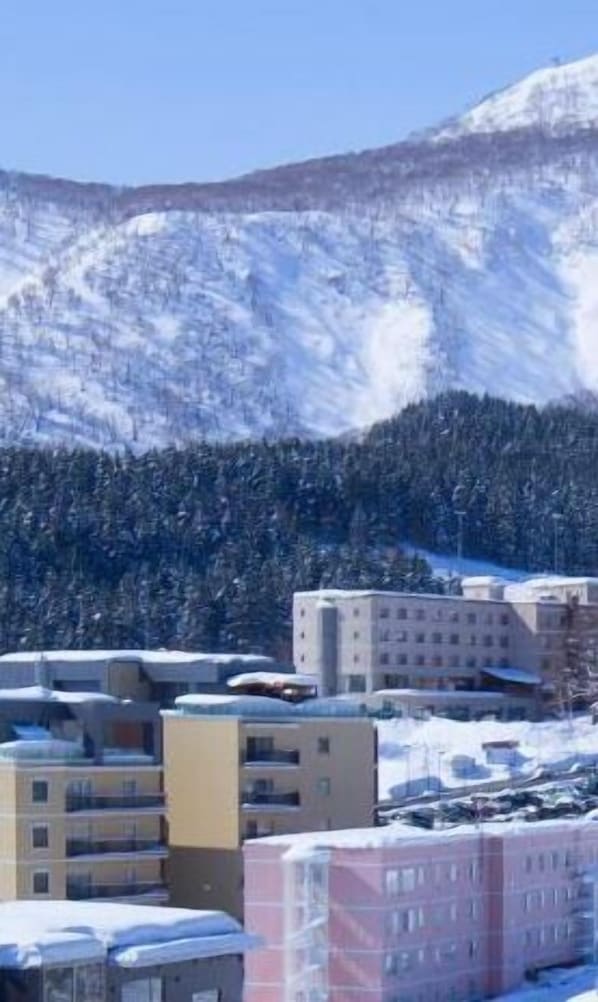 A hotel with multiple floors, surrounded by snow-covered mountains and dense forests. - Owashi Lodge - Hostel (Kutchan)