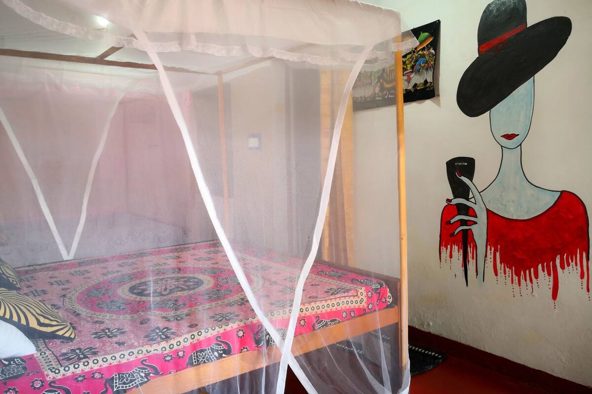 Ein Bett mit Moskitonetz, einer gemusterten Tagesdecke und einer Wand mit einem Gemälde.