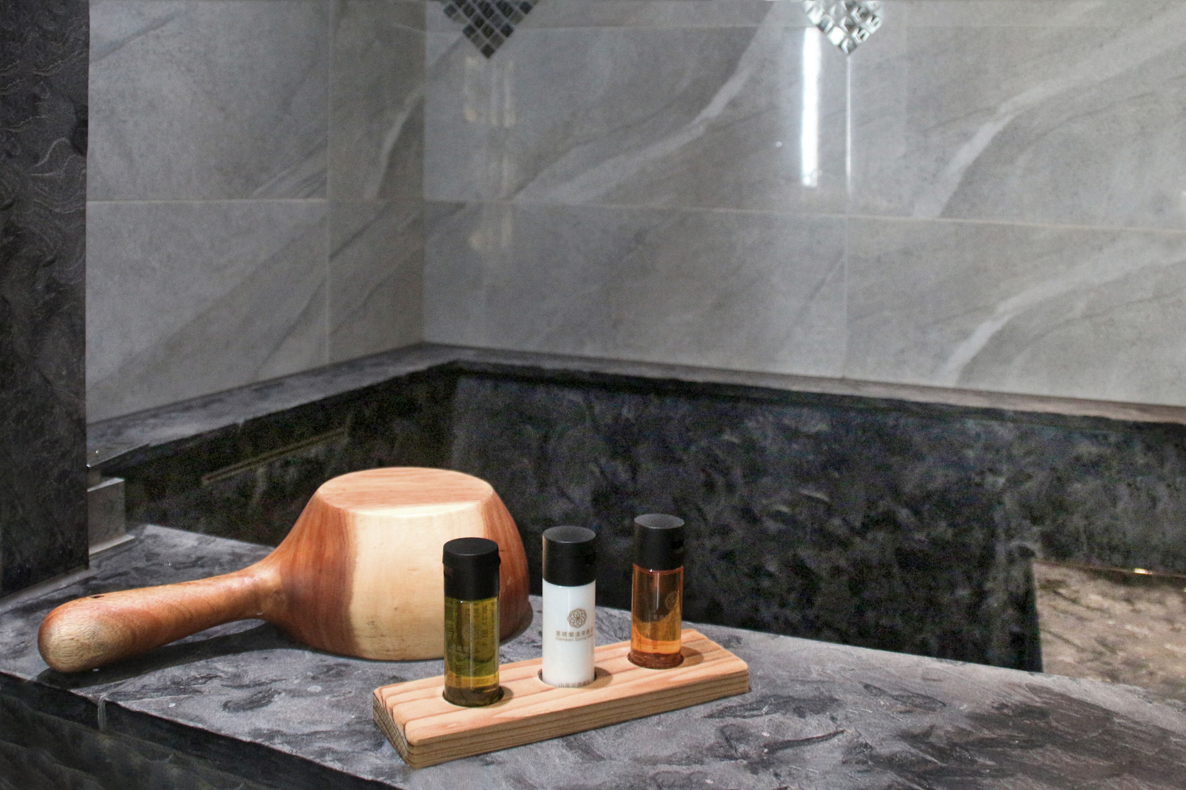 standard double room | bathroom | separate bathtub and shower, spring water bathtub, rainfall showerhead