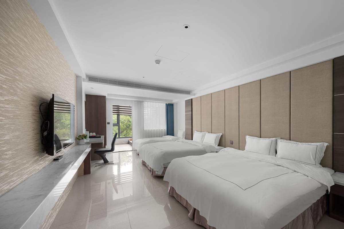 A modern hotel room with two beds, a flat-screen TV mounted on the wall, a desk with a chair, and a large window offering a view of greenery.