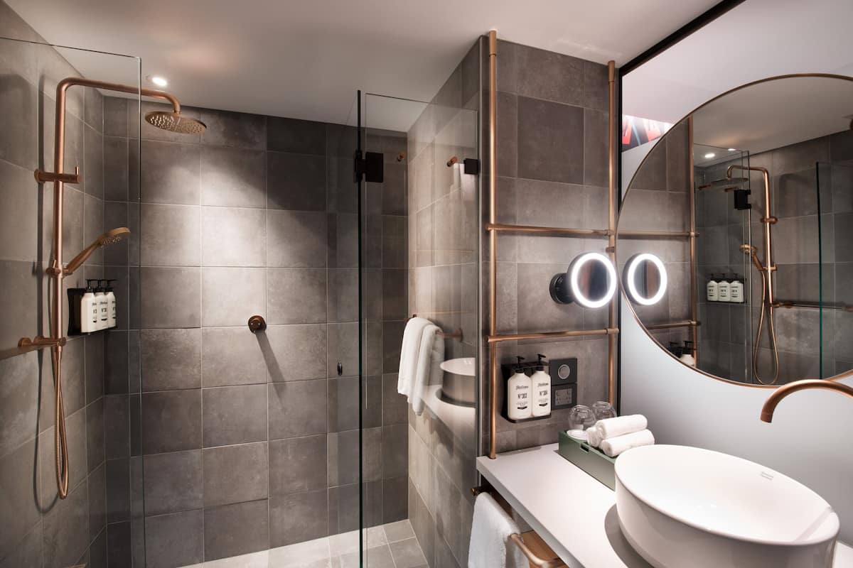 shower, hydromassage showerhead, designer toiletries, hair dryer