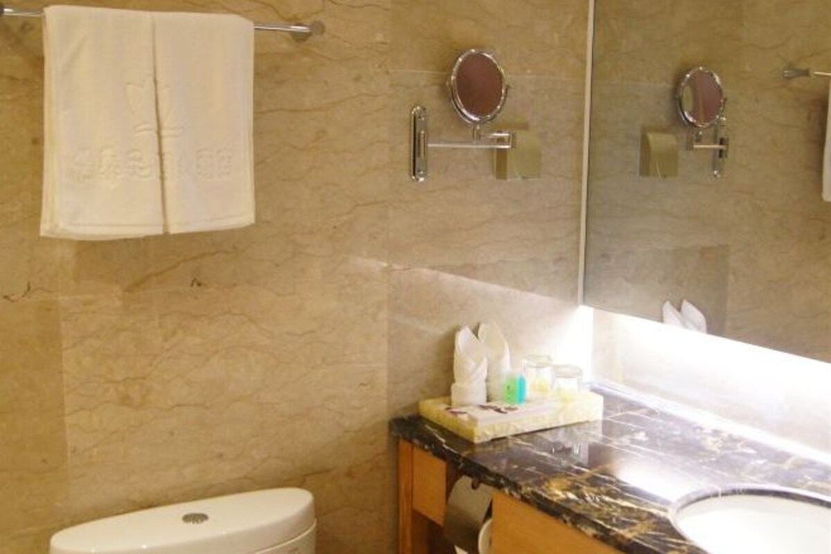 Une salle de bain avec un comptoir en marbre, des toilettes et deux miroirs fixés au mur.
