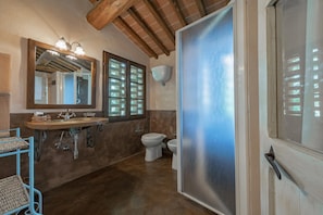 A bathroom with a wooden ceiling, a sink with a mirror, a toilet, and frosted glass doors. - Villa Murlo (Buonconvento)