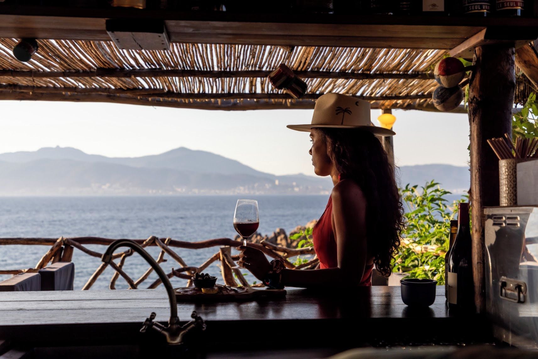 A person seated at a wooden table with a glass of red wine, overlooking a body of water and distant mountains.
