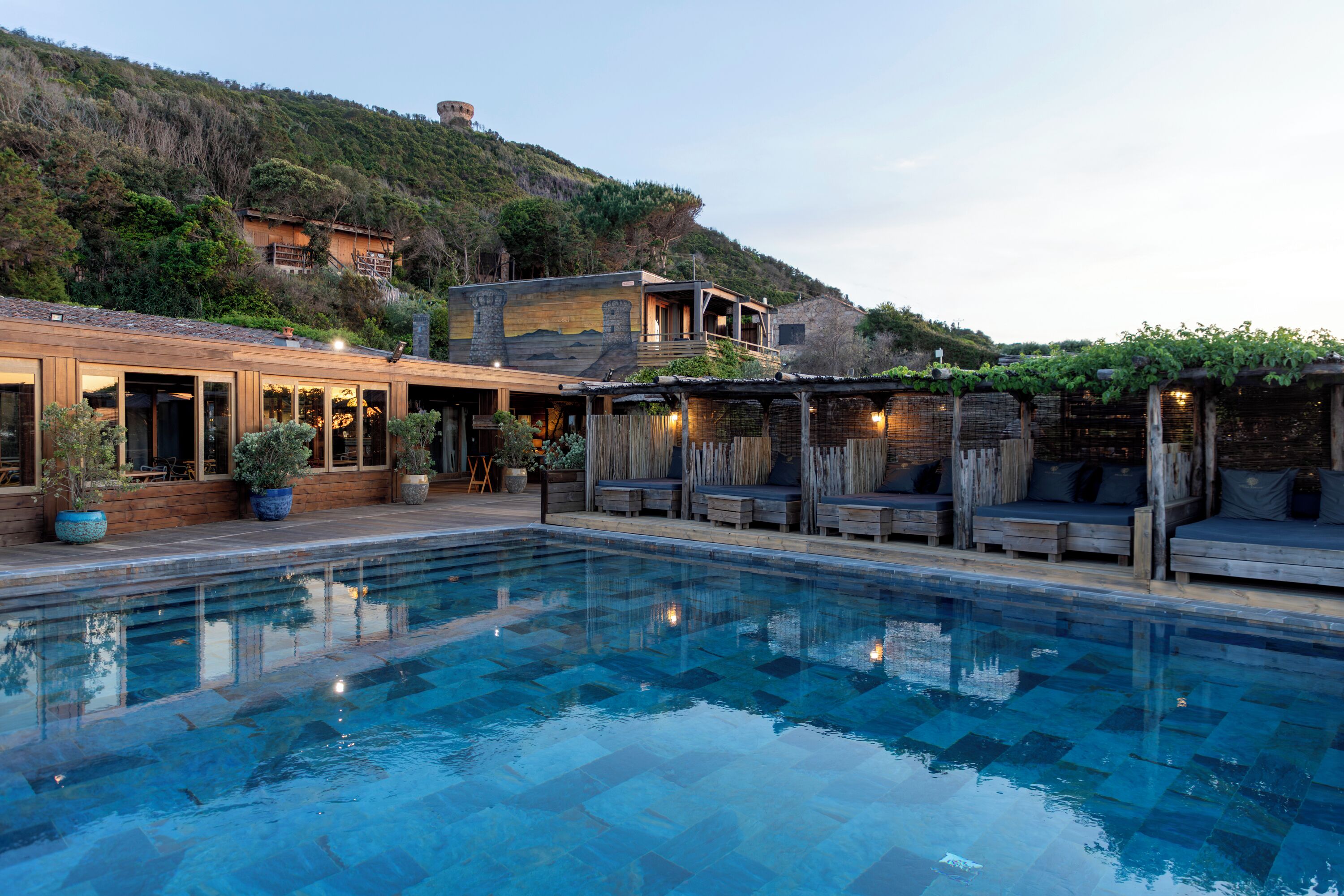 Outdoor pool, pool umbrellas, pool loungers
