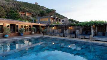 Outdoor pool, pool umbrellas, pool loungers