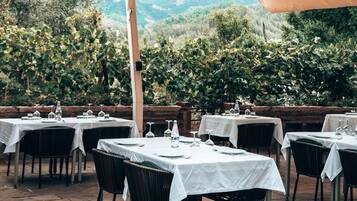 Un espacio de comedor al aire libre con mesas y sillas bajo un paraguas grande, con un fondo de follaje y colinas.
