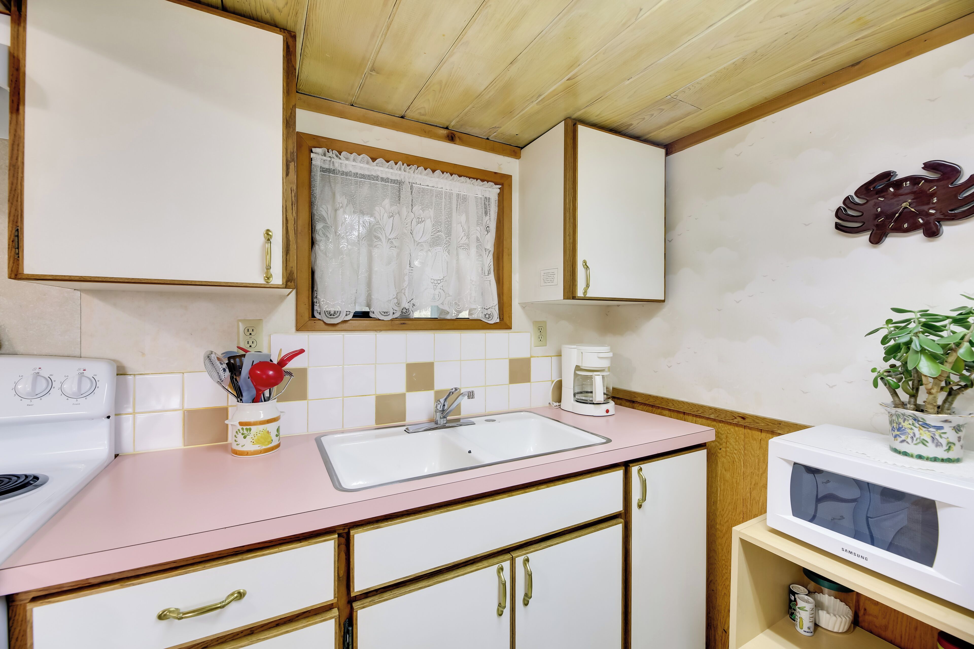 A kitchen with a pink countertop, white cabinets, a white sink, a microwave, and a potted plant.