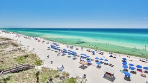 Una playa con numerosas sombrillas azules y sillas de playa, una orilla arenosa y un cielo azul despejado.