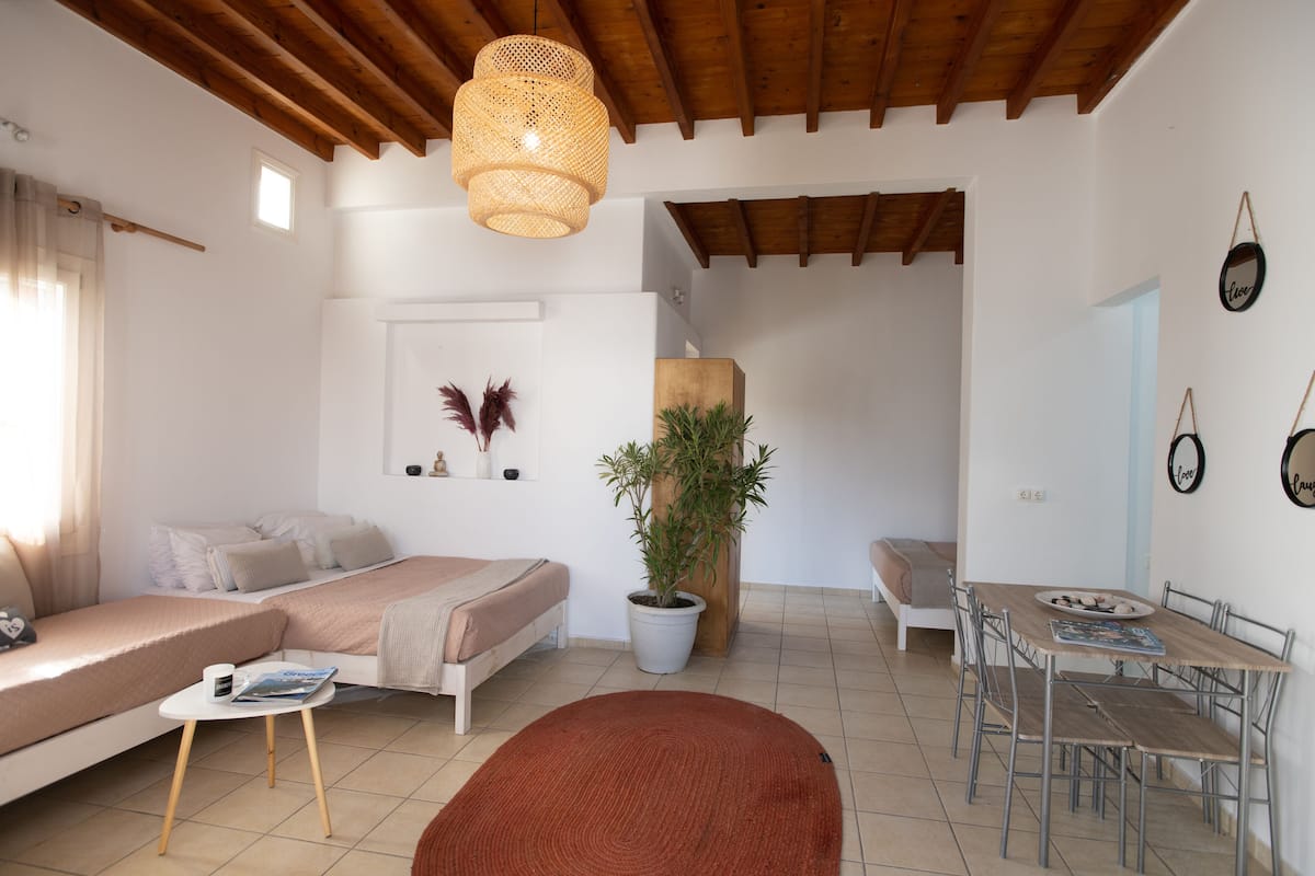 A modern, well-lit room with a wooden ceiling, a bed, a sofa, a dining table with chairs, and a potted plant.