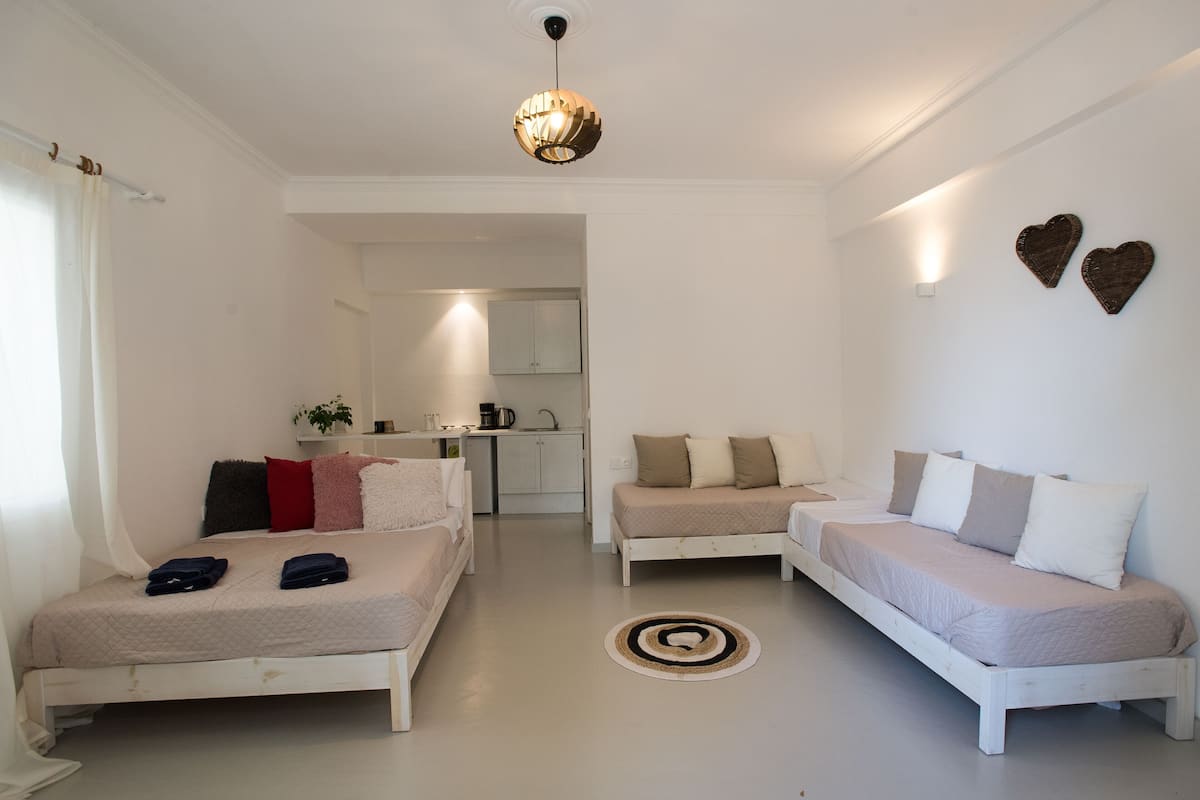 A modern, minimalist bedroom with two beds, a sofa, a kitchen in the background, and a unique circular rug.