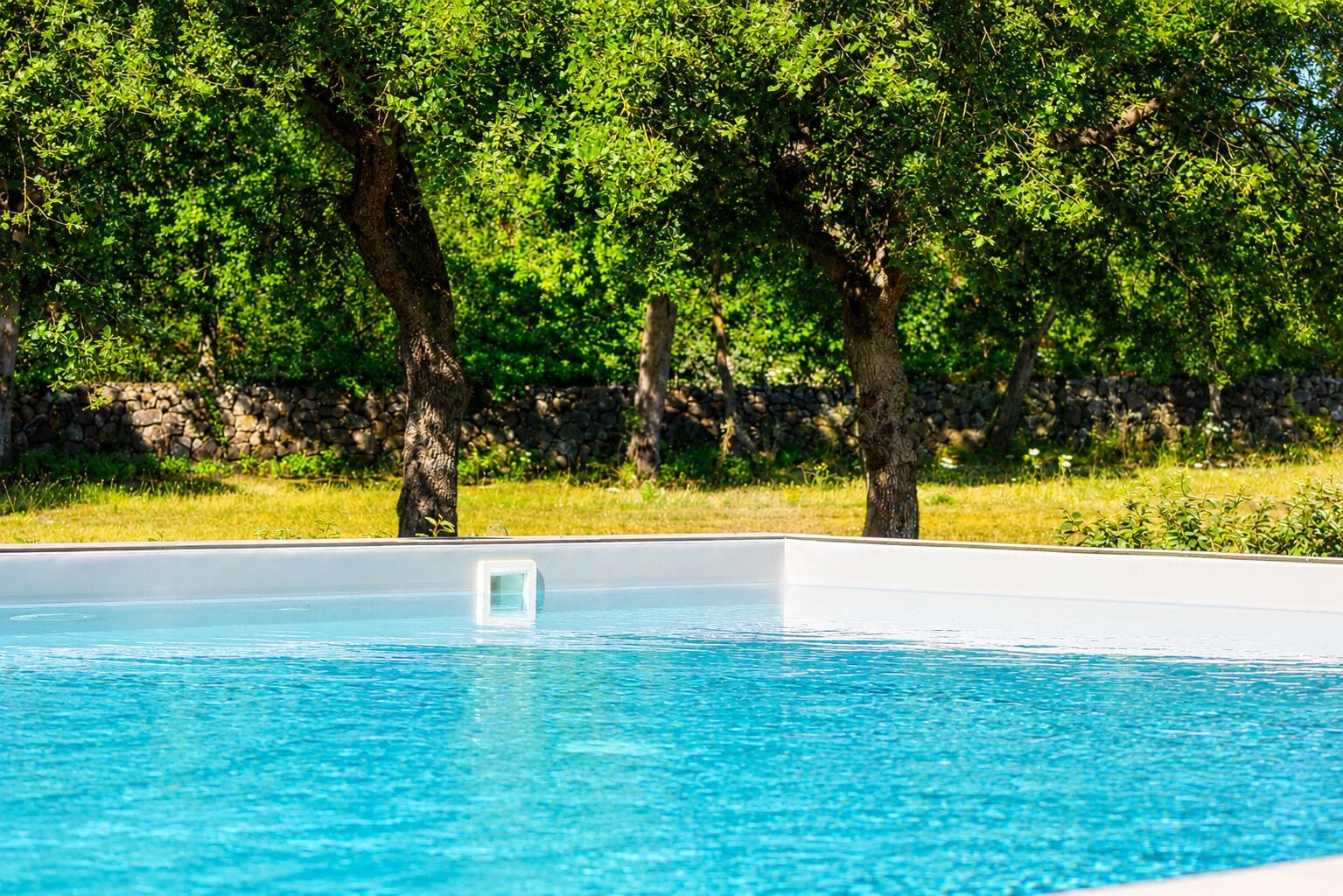 A swimming pool with clear blue water, surrounded by trees and a stone wall.