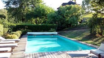 Seasonal outdoor pool, pool umbrellas, pool loungers