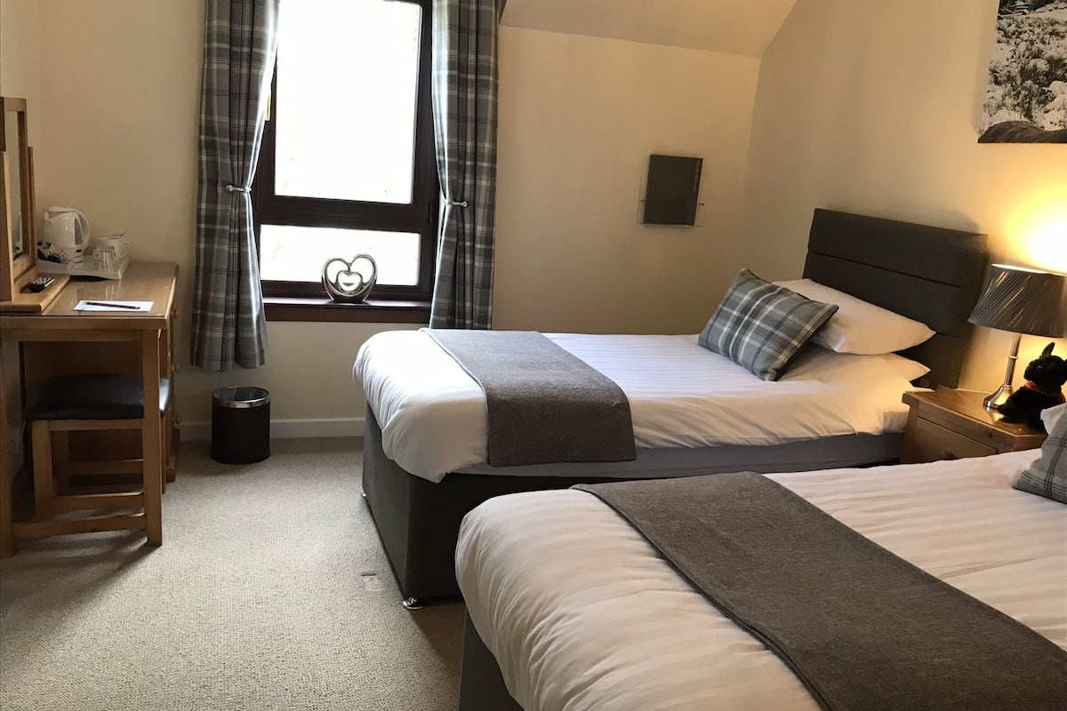 Ein Hotelzimmer mit zwei Betten, einem Schreibtisch, einem Stuhl, einem Fenster mit Vorhängen, einem Nachttisch mit Lampe und einem Bild an der Wand.