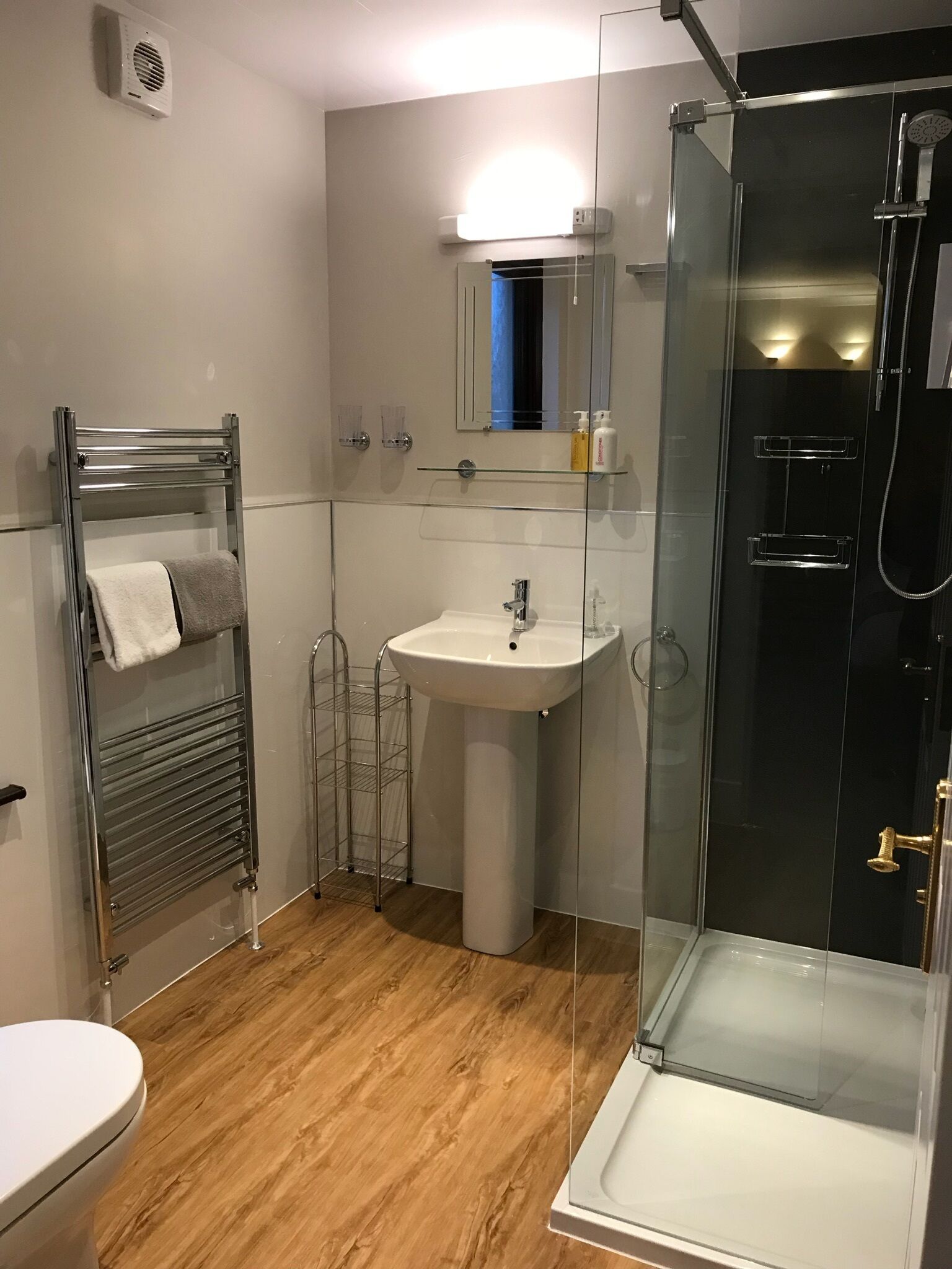 A modern bathroom with a glass shower enclosure, a pedestal sink, and a towel rack.