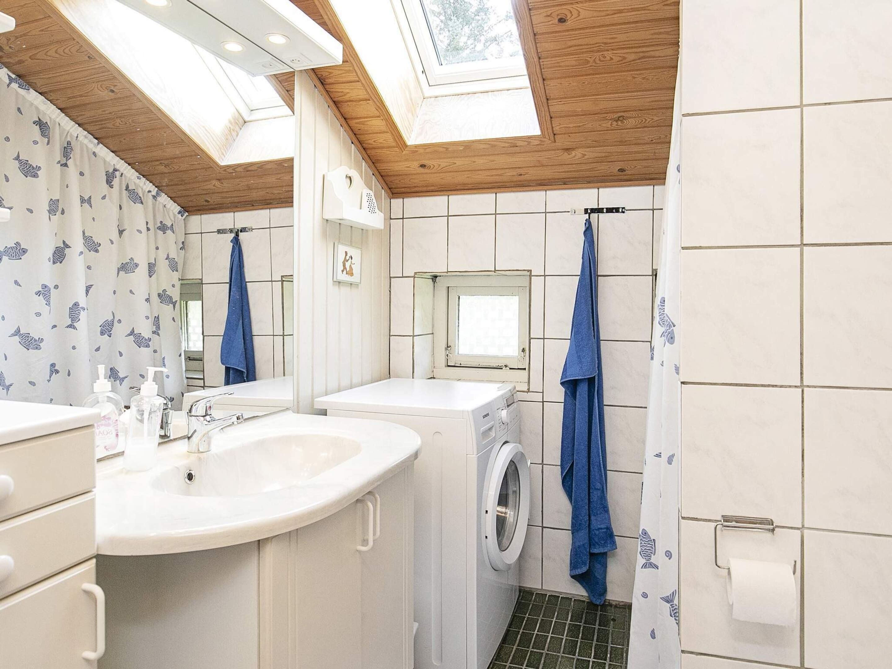 Une petite salle de bain avec un puits de lumière, un lavabo, un lave-linge et des toilettes.
