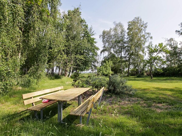 A wooden bench in a grassy park area with trees in the background.